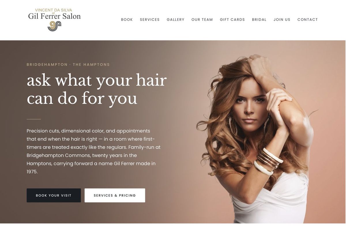 Gil Ferrer Salon website homepage, a hair salon site designed and built by BustleBot